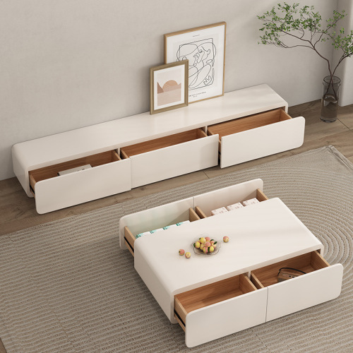 Italian minimalist cream style TV cabinet and coffee table combination modern simple small apartment white painted TV floor-standing