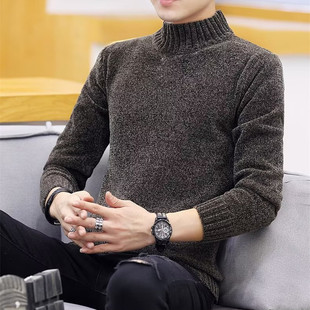 Half-turtleneck sweater men's autumn and winter warm inner knitted top student base shirt mid-collar all-match sweater