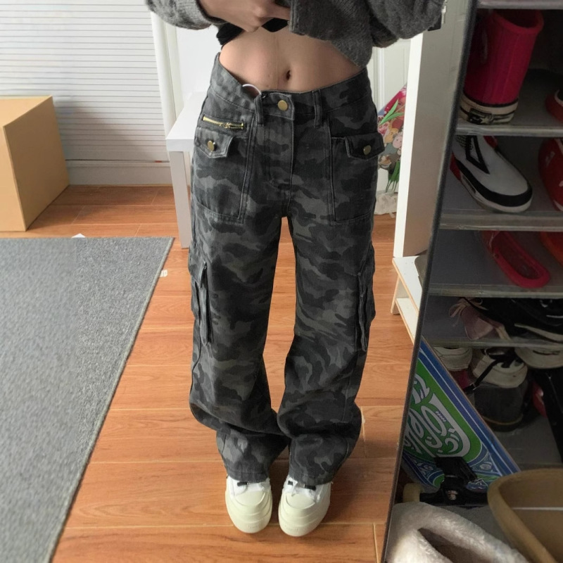 【韩牛】辣妹高街高腰宽松超显瘦拖地迷彩设计感口袋工装牛仔裤女|undefined
