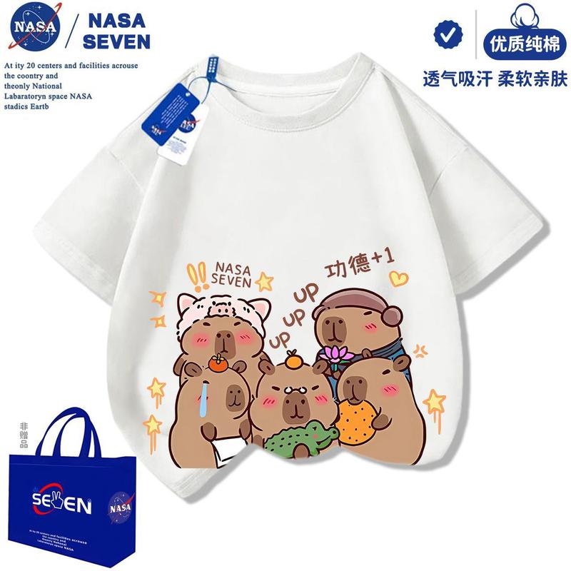 NASA卡皮巴拉纯棉T恤儿童洋气2025夏季新款水豚君短袖男女童上衣|undefined