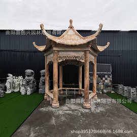 厂家定制石材亭子大理石凉亭六角石雕晚霞红长廊广场公园庭院装饰