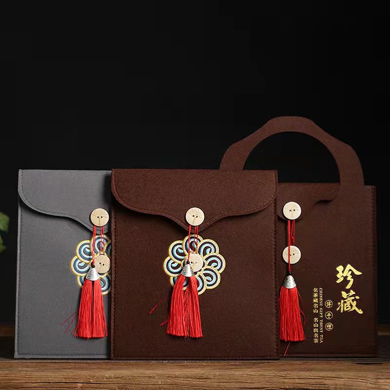 毛毡茶叶包装袋 复古流苏茶饼袋礼品包装袋 普洱福鼎白茶毛毡布袋