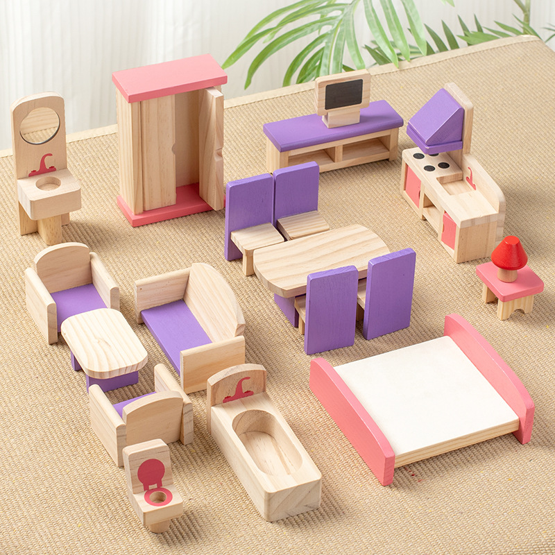 Juegos de simulación para niños pequeños Modelos de muebles pequeños de madera maciza danesa Accesorios para habitaciones de muñecas Conjunto de escenas Juguetes educativos