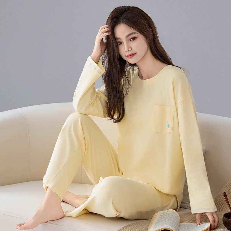 Class A Antibacterial 100% Pure Cotton Pajamas Women's Spring and Autumn Long Sleeve Round Neck Solid Color Women's Pure Cotton Home Clothes suit