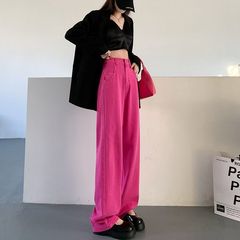 火龙果色阔腿牛仔裤女高腰显瘦宽松直筒裤韩版窄版垂感拖地裤子潮