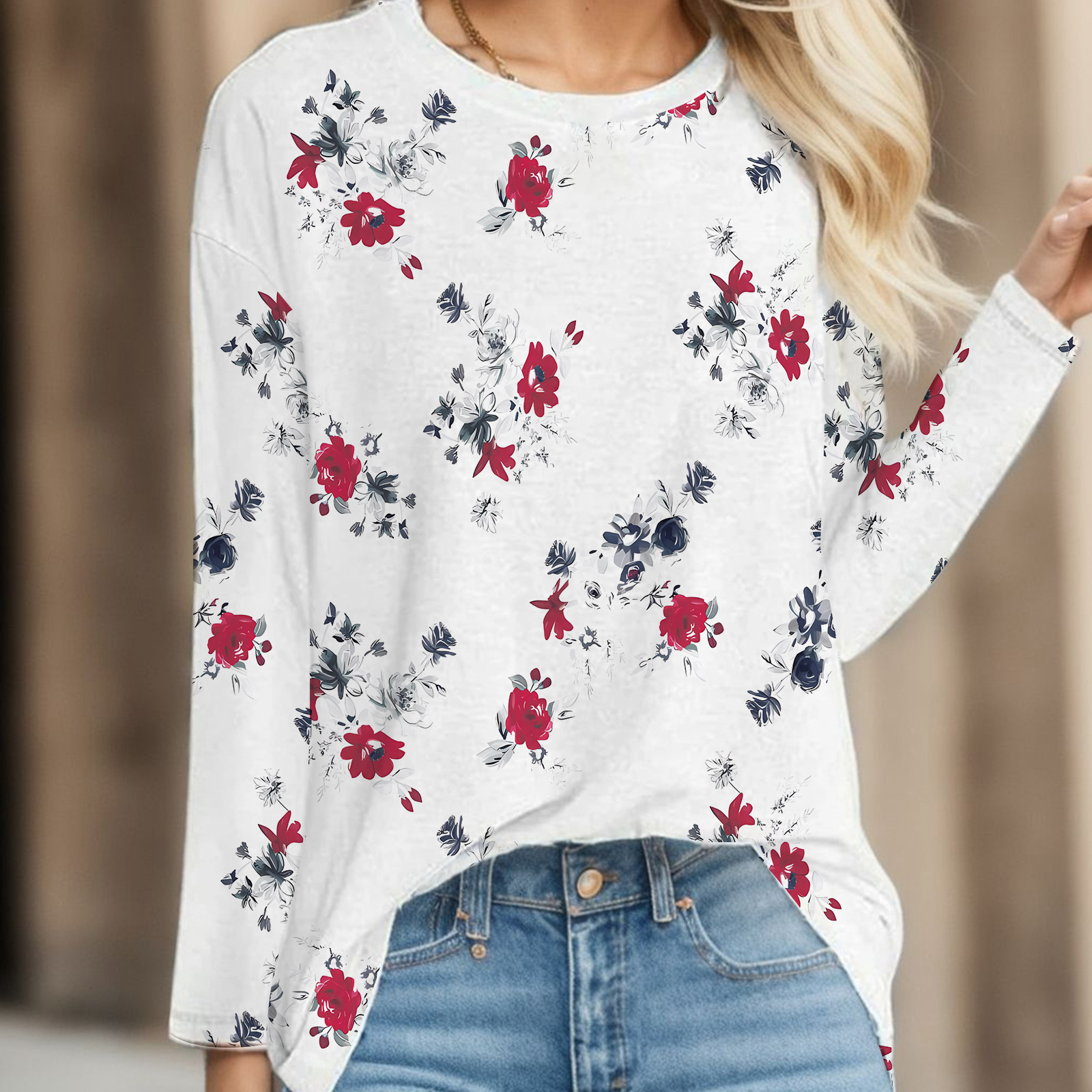 Transfronterizo otoño e invierno nuevas señoras casual cuello redondo Pascua impresión digital casual suelto cuello redondo suéter de manga larga para mujer
