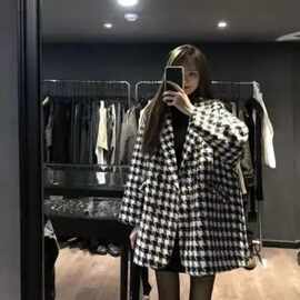 复合毛呢千鸟格子外套女秋冬季新款韩版宽松休闲加厚中长款大衣女