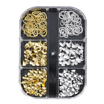 6-Compartment Gold and Silver Two-Tone Heart Nail Art Decoration Set, Hollow Twist Solid Heart Sequins, Exquisite Versatile Decoration (Dırnaq bəzəkləri) - 6-grid-jewelry-hsd-01