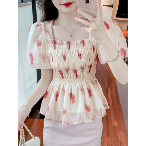 Floral chiffon blouse short sleeve women 2025 summer design sense niche waist French bubble sleeve top