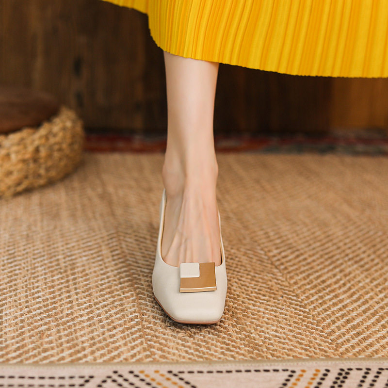 Giày cao gót nữ mũi vuông gót vuông 5 cm khóa kim loại, da mềm — Màu mơ (Mã tiêu chuẩn cải tiến), Màu xám nhạt (mã tiêu chuẩn cải tiến)