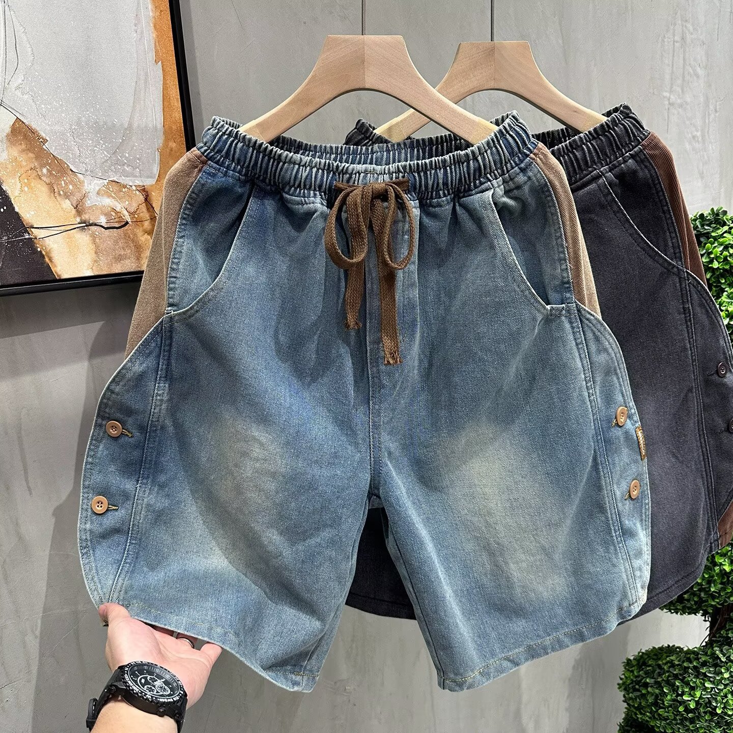 Men's Retro Distressed Denim Shorts Summer Casual Loose Fit Color Block Five Point Drawstring Elastic Waist Plus Size Mid-Length_mkmklike.com