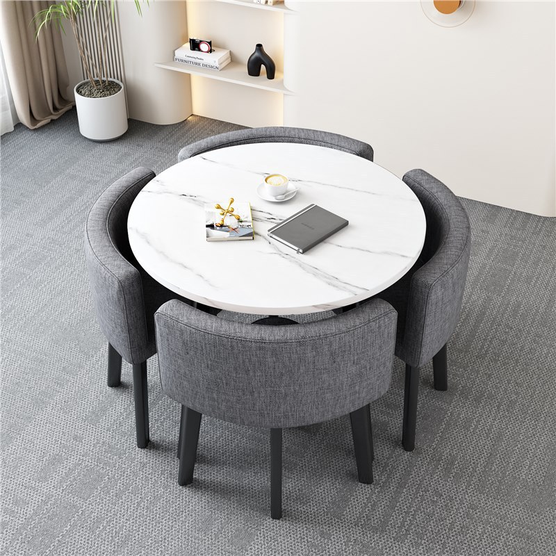 [Factory] 80 imitation white stone pattern round table gray cloth chair
