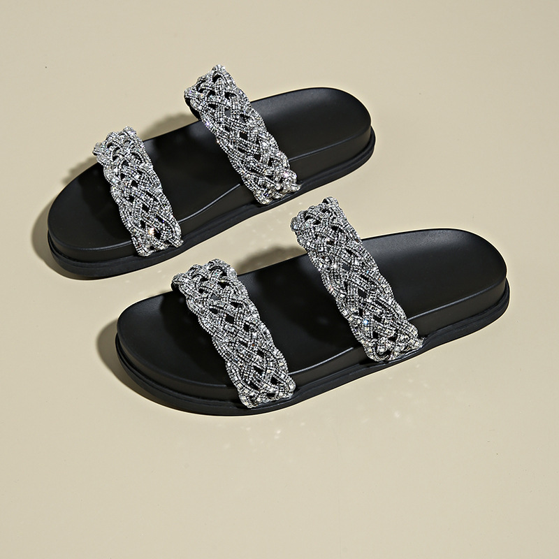 women's Slippers Sparkling Diamond Woven Fashionable Casual Slippers For Women, New Summer Versatile Low-Heel Flat Slip-On Sandals_voghion.com