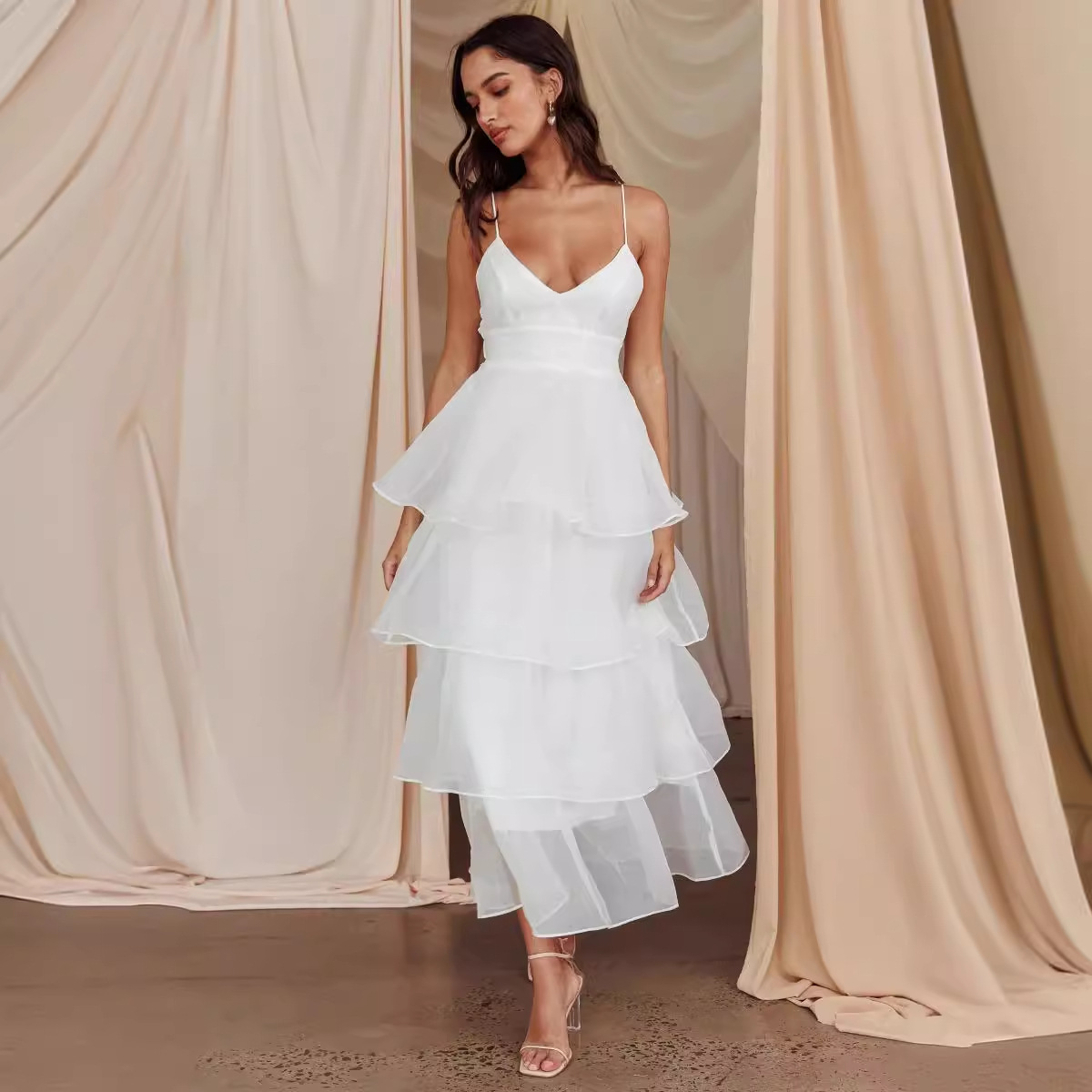 Women's Clothing Organza Deep V Backless Suspender Dress Casual Holiday Fairy Dress_voghion.com