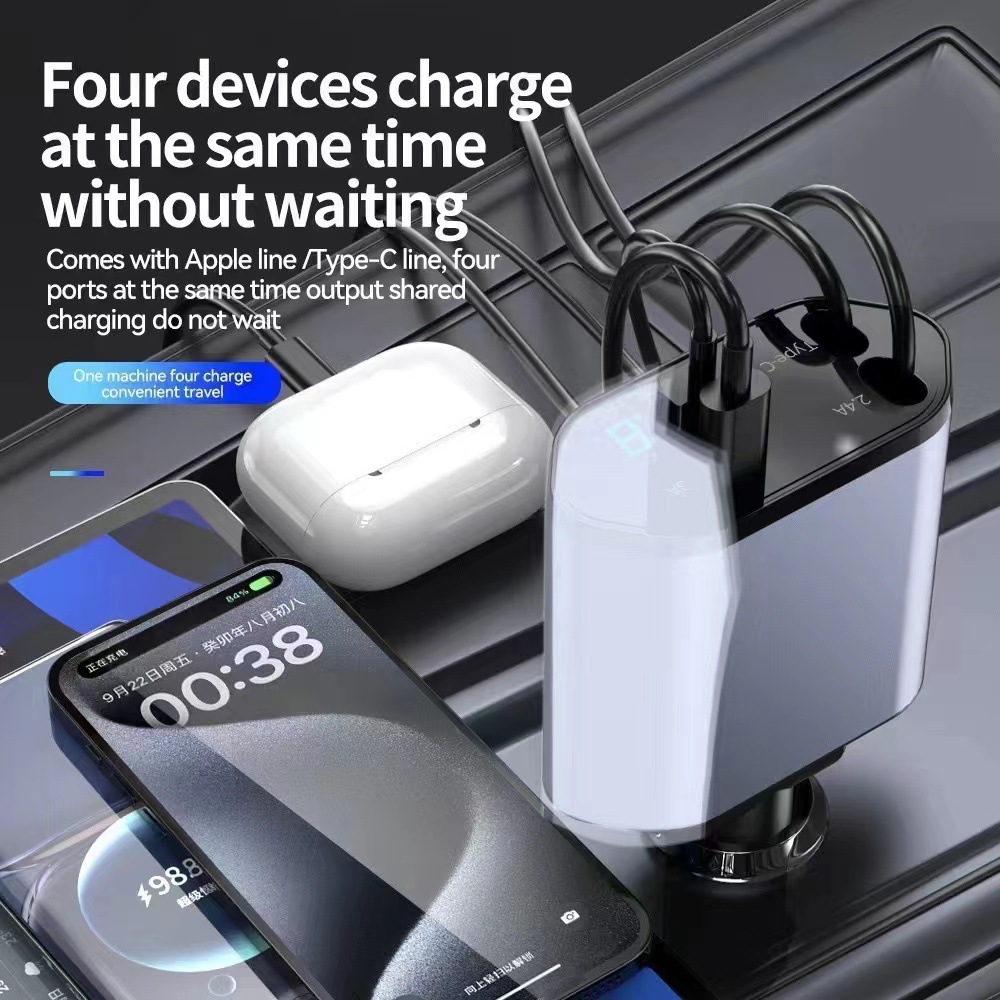 Car charger supports 120W super fast charging flash charging telescopic line four-in-one cigarette lighter cross-border factory