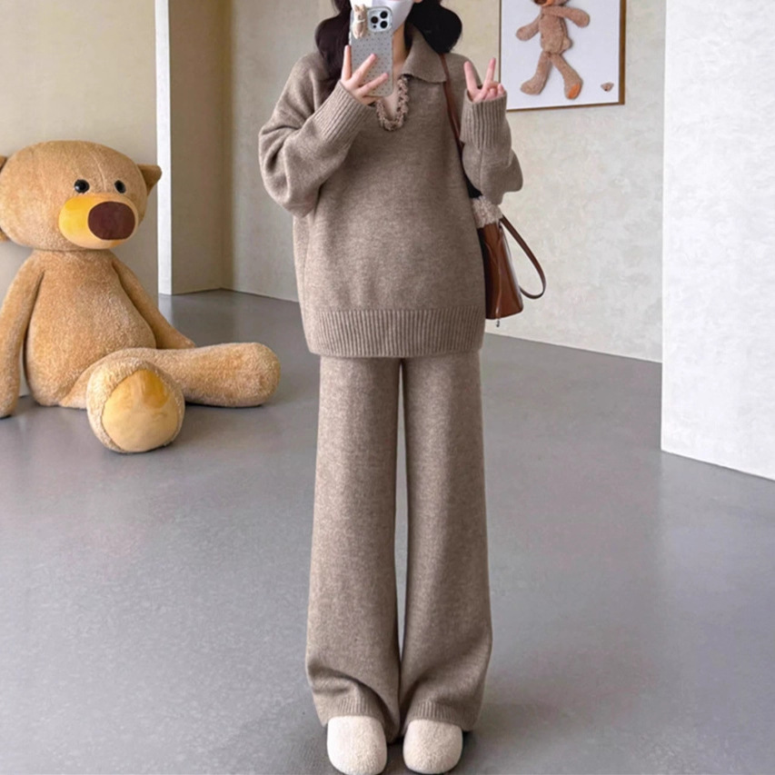 韩系慵懒风翻领针织毛衣高腰阔腿裤两件套女秋冬新款气质穿搭套装