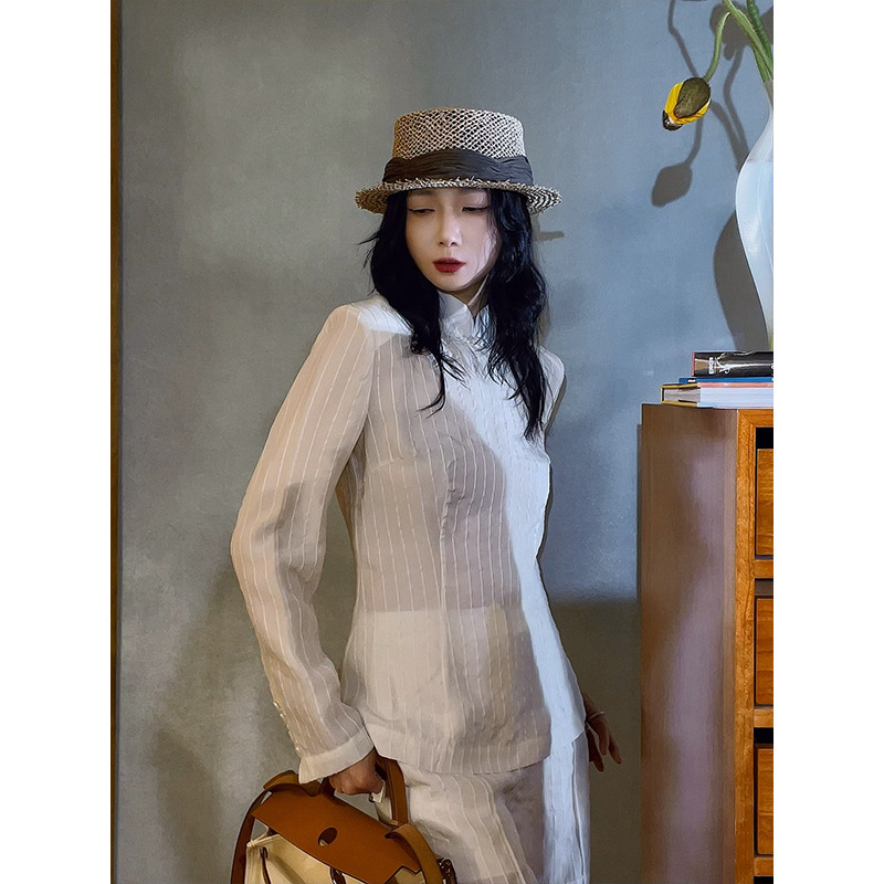 Designer women's copper ammonia silk jacquard vertical stripes new Chinese shirt