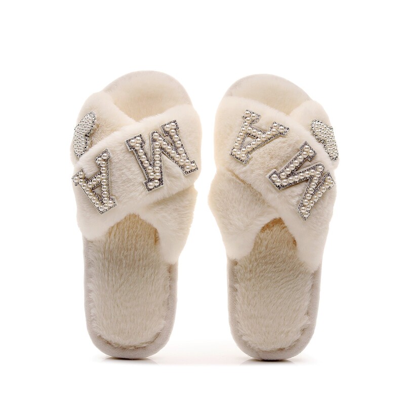 Cross-Border Ins Letter Plush Cross-Strap Mom Slippers for Women Mama Furry Slippers Etsy Custom Mother's Day Gift