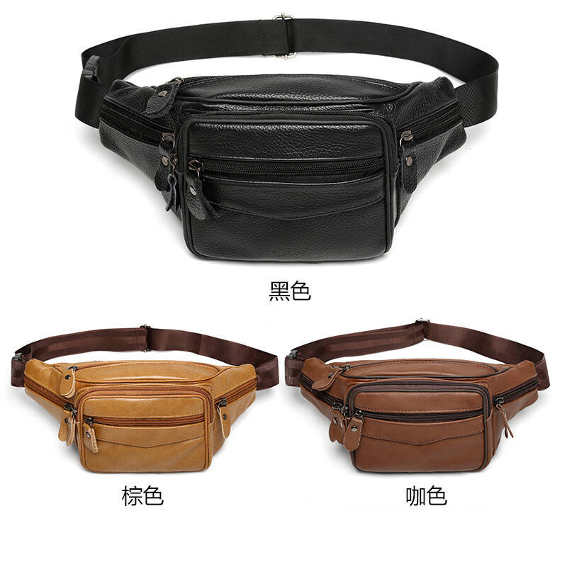 Foreign Trade Genuine Leather Waist Bag Outdoor Sports Solid Color Men's Shoulder Crossbody Bag Multi-Functional Wear-Resistant Cowhide Waist Bag Chest Bag