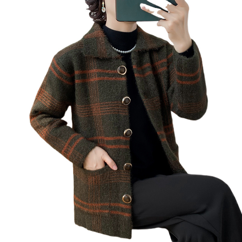 J 거북 3 어머니 스웨터 코트 여성 중년 및 노인 여성 격자 무늬 스웨터 외부 할머니 카디건 재킷