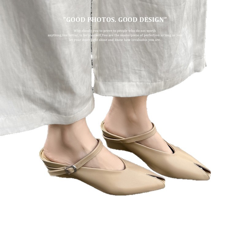 Sandal nữ hở mũi gót nêm cao da bò tăng chiều cao quai ngang — màu đen, màu trắng, màu mơ
