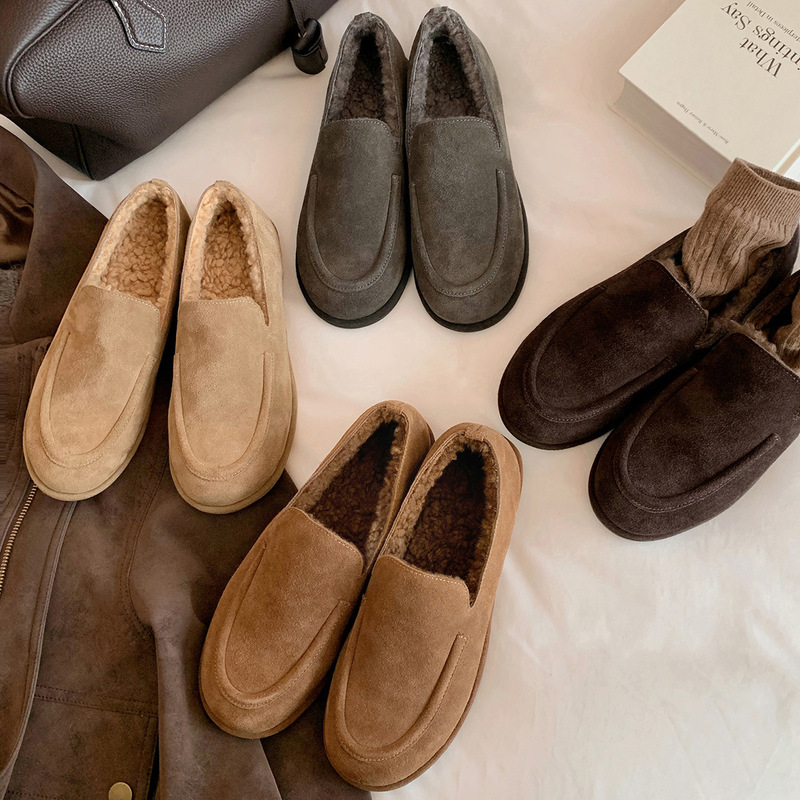 2025 Winter New Furry Shoes Loafers Women's Round Toe Casual Lazy Old Money Style Flats Plus Velvet Cotton Shoes Women's Shoes