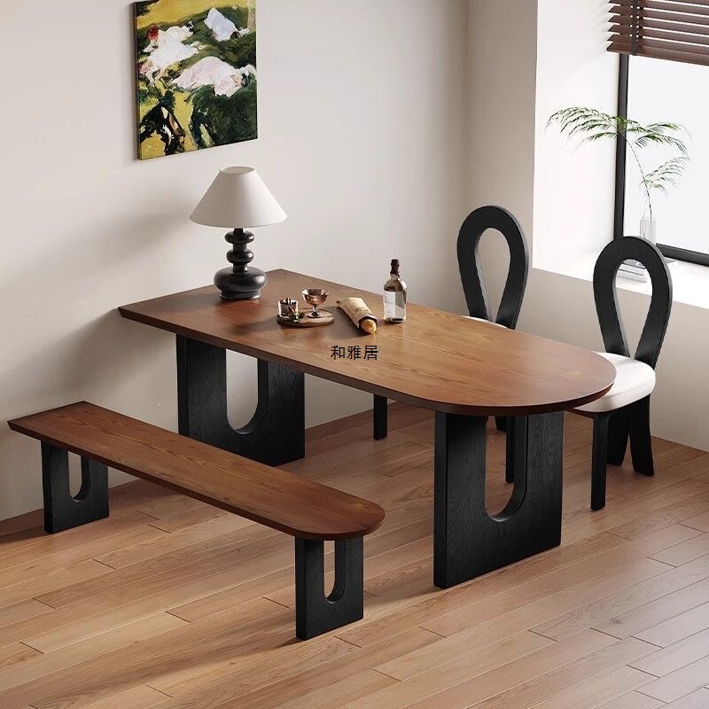 French-Style Solid Wood Dining Table with Steel Legs for Rental Housing, Home Dining Table, Small Apartment Furniture, Round Dining Table