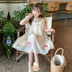Summer Dress for Girls 2024 New Trendy Girl's Outerwear Children's Princess Dress Cute Floral Sleeveless Sheer Dress