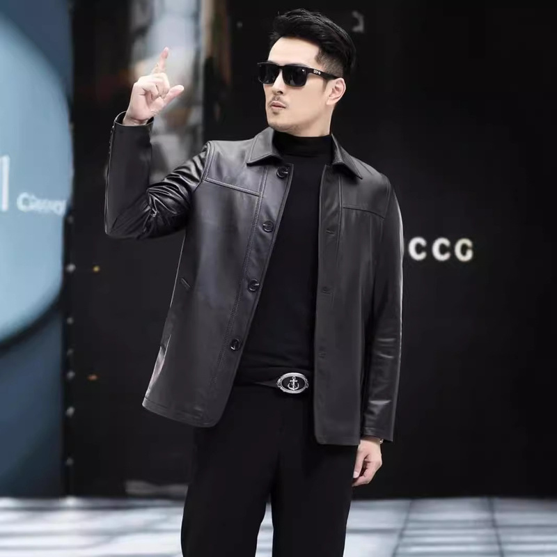 Haining New Genuine Leather Business Casual Men's Top Layer Cowhide Lapel Spring and Autumn Jacket Single Leather Thin Jacket