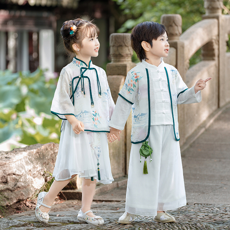 Hanfu boy autumn long-sleeve Chinese-style dress for girls, Tang-style modified ancient costume for Mid-Autumn Festival children's ethnic performance, parent-child clothing.