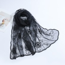 纯色薄款刺绣花朵围巾丝巾甜美百搭女士防晒外搭披肩头巾