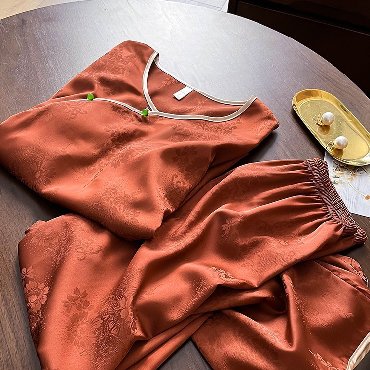 短袖长裤真丝睡衣套装女春夏新款桑蚕丝中国风家居服带胸垫|undefined