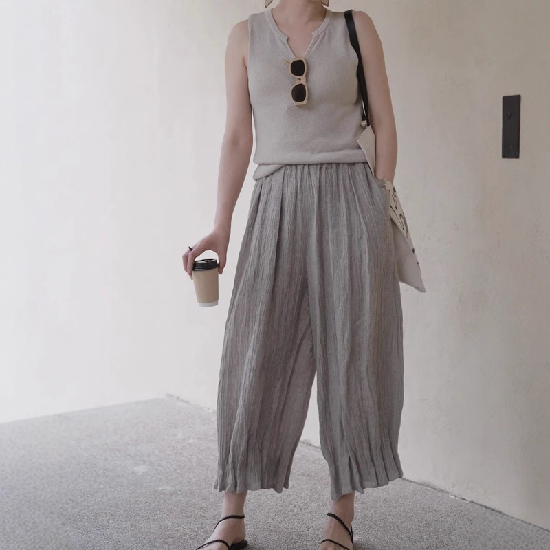 Loose Free 100 Linen Bark Wrinkle Texture Design Flower Pants for Women