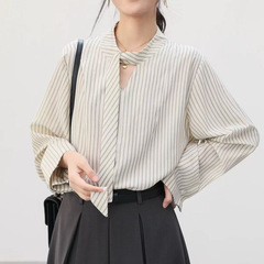 飘带设计感条纹衬衫女春秋2025新款高级感别致绝美上衣衬衣