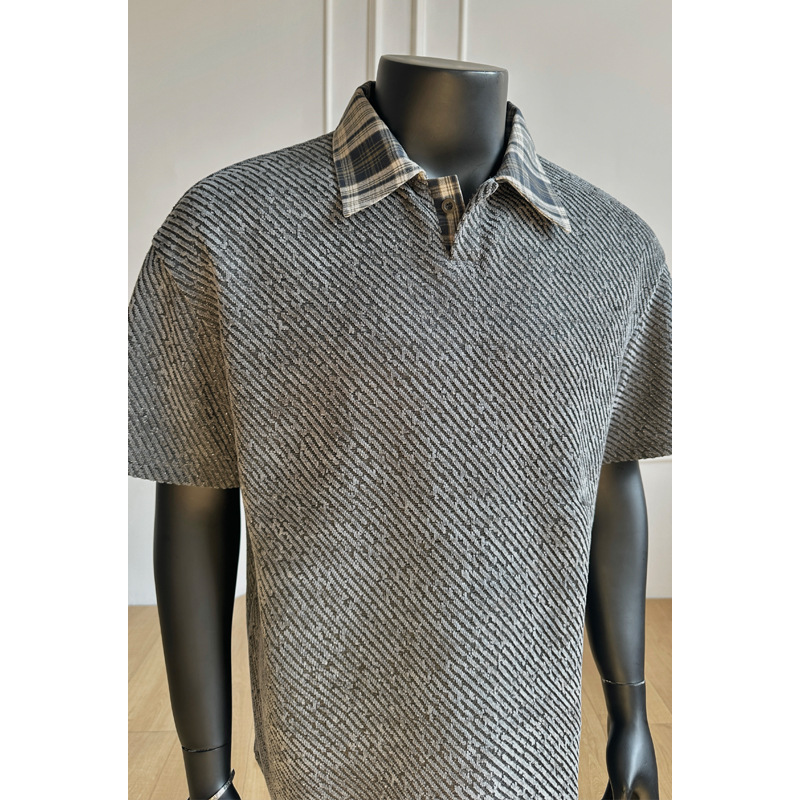 American-style Two-piece Plaid Patchwork Short-sleeve Men's Polo Shirt With Clean Fit And Half-length Sleeves_voghion.com