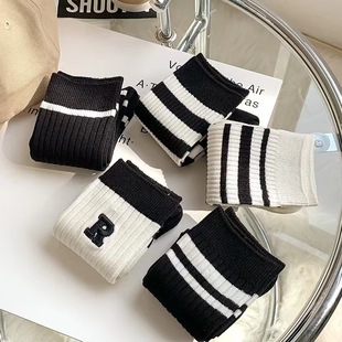 Black Socks Women's Mid-length Socks ins Trendy Outfit Cyber Celebrity Spring and Autumn Socks Autumn and Winter Striped High Waist Stockings Korea Wholesale