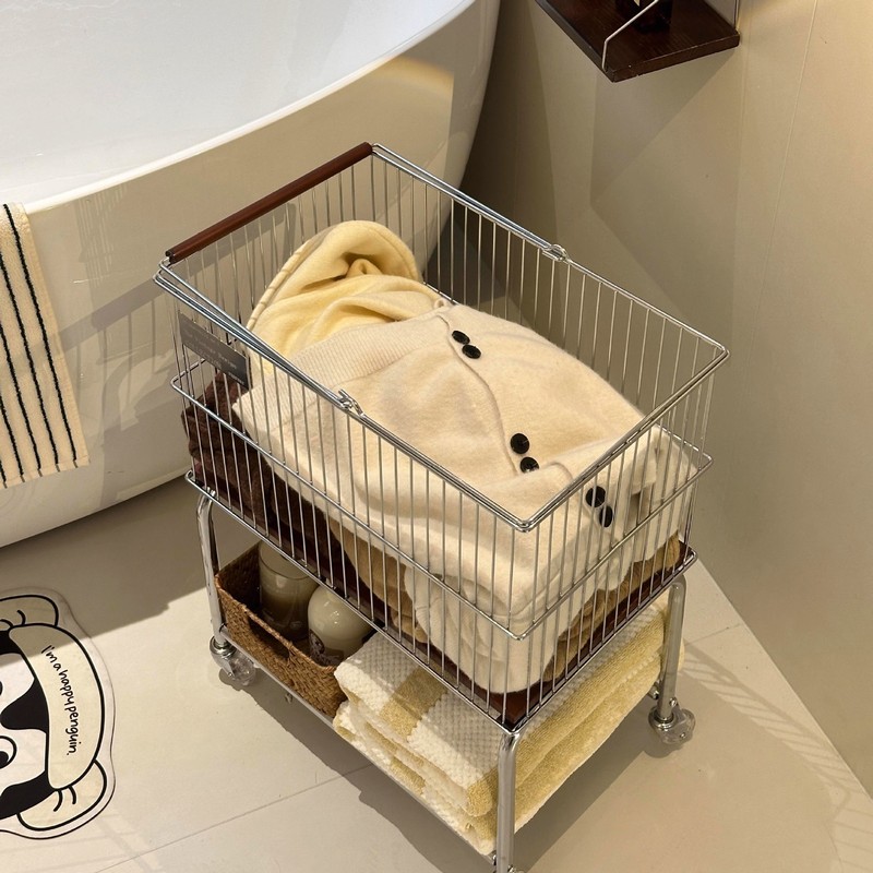 中古风脏衣篮可移动脏衣筐小推车大容量脏衣篓卫生间洗衣篮置物架|undefined