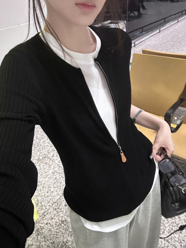5werkwen 松弛老钱 复古皮牌拉链宽松针织开衫春夏黑色小外套女|undefined