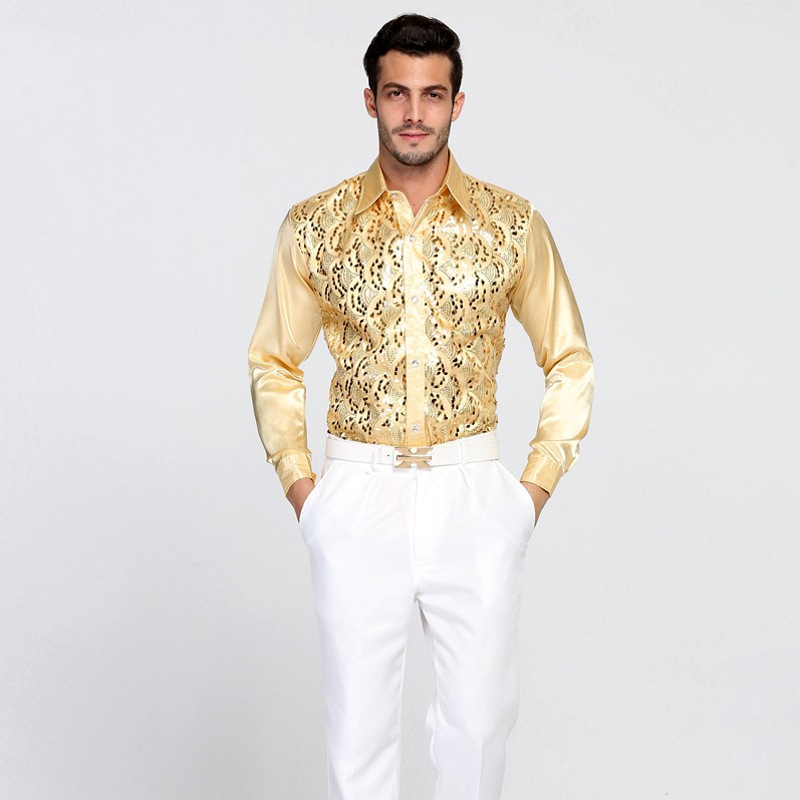 Comercio exterior transfronterizo Camisa de lentejuelas de los hombres traje de rendimiento coro adulto traje de escenario danza rendimiento camisa de manga larga