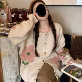 复古甜美撞色草莓针织开衫毛衣女宽松慵懒立体草莓针织外套女上衣