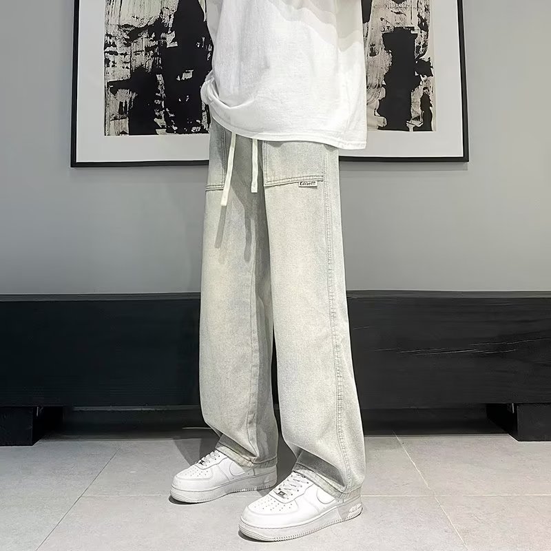 Jeans chicos 2024 primavera y otoño americano retro amarillo barro lavado desgastado holgado recto marca de moda pantalones anchos de calle alta