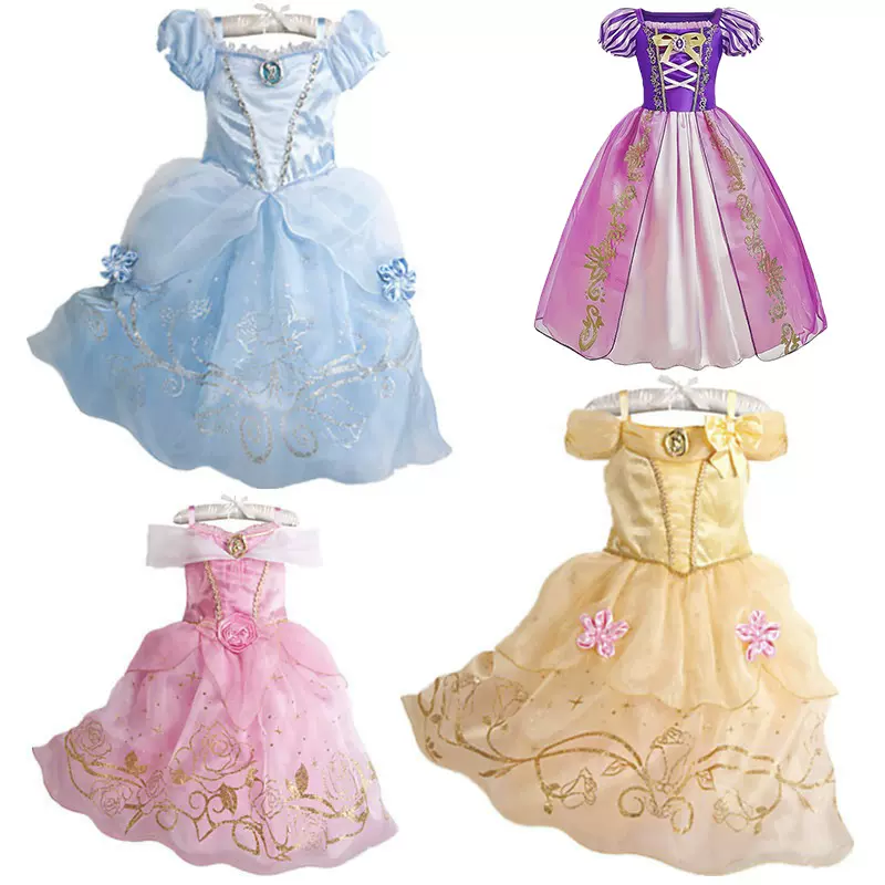 欧码跨境中小女童公主裙贝尔裙灰姑娘公主裙睡美人印花连衣裙长发