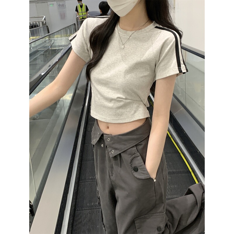 插肩杠条短袖T恤女夏季美式复古正肩打底小衫甜辣妹短款露脐上衣