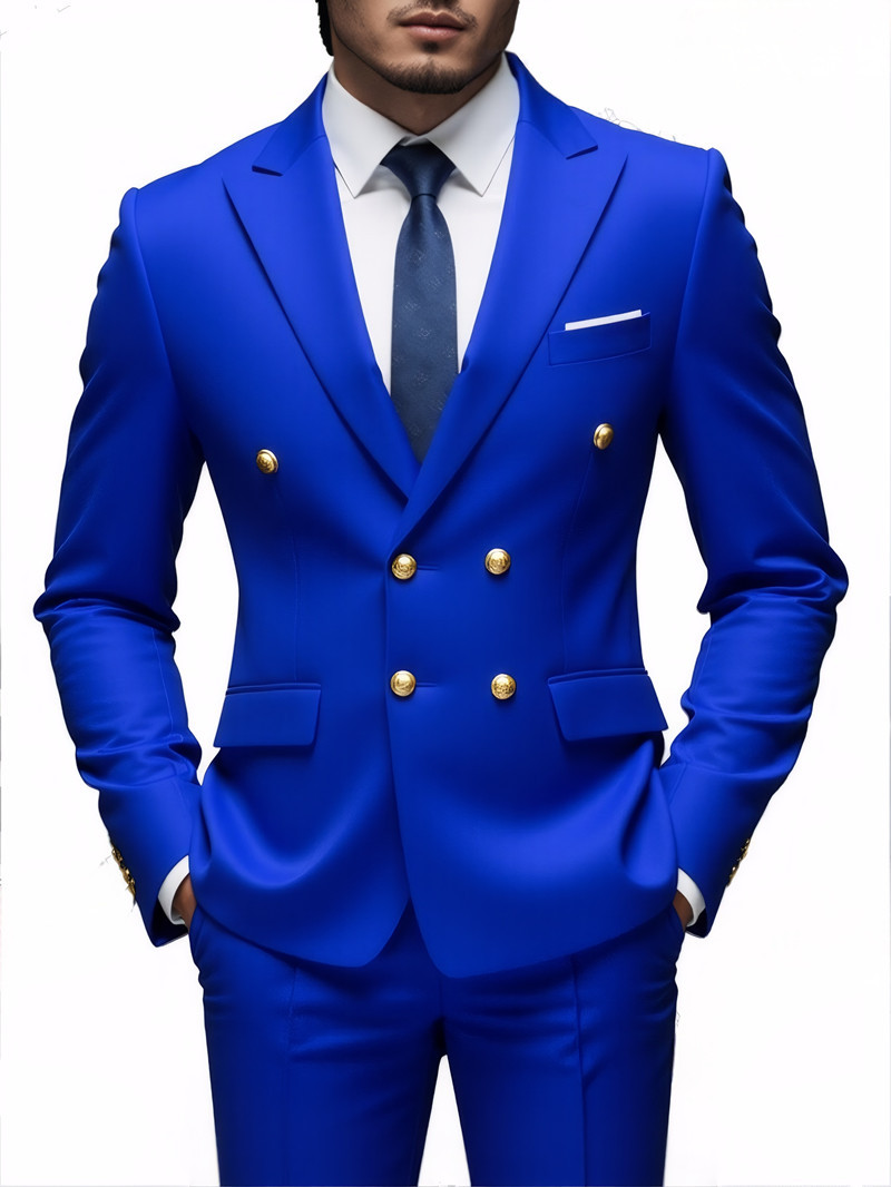 Men's Slim Fit Suit With Double Breasted Gold Buttons Set_voghion.com