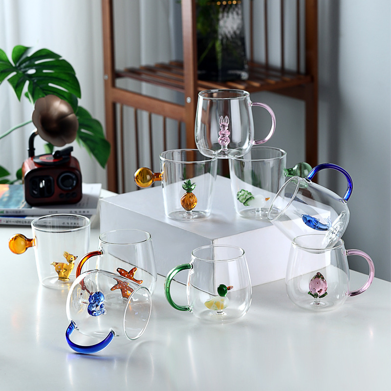 Glass Stereo Animal Cartoon Cup with Colorful Handle Round Ball Handle Glass Drinking Cup Transparent Glass Single Layer