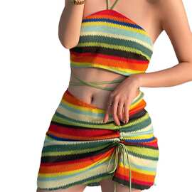 日韩比基尼新款性感美背小胸聚拢挂脖吊带时尚条纹分体裙式泳衣女