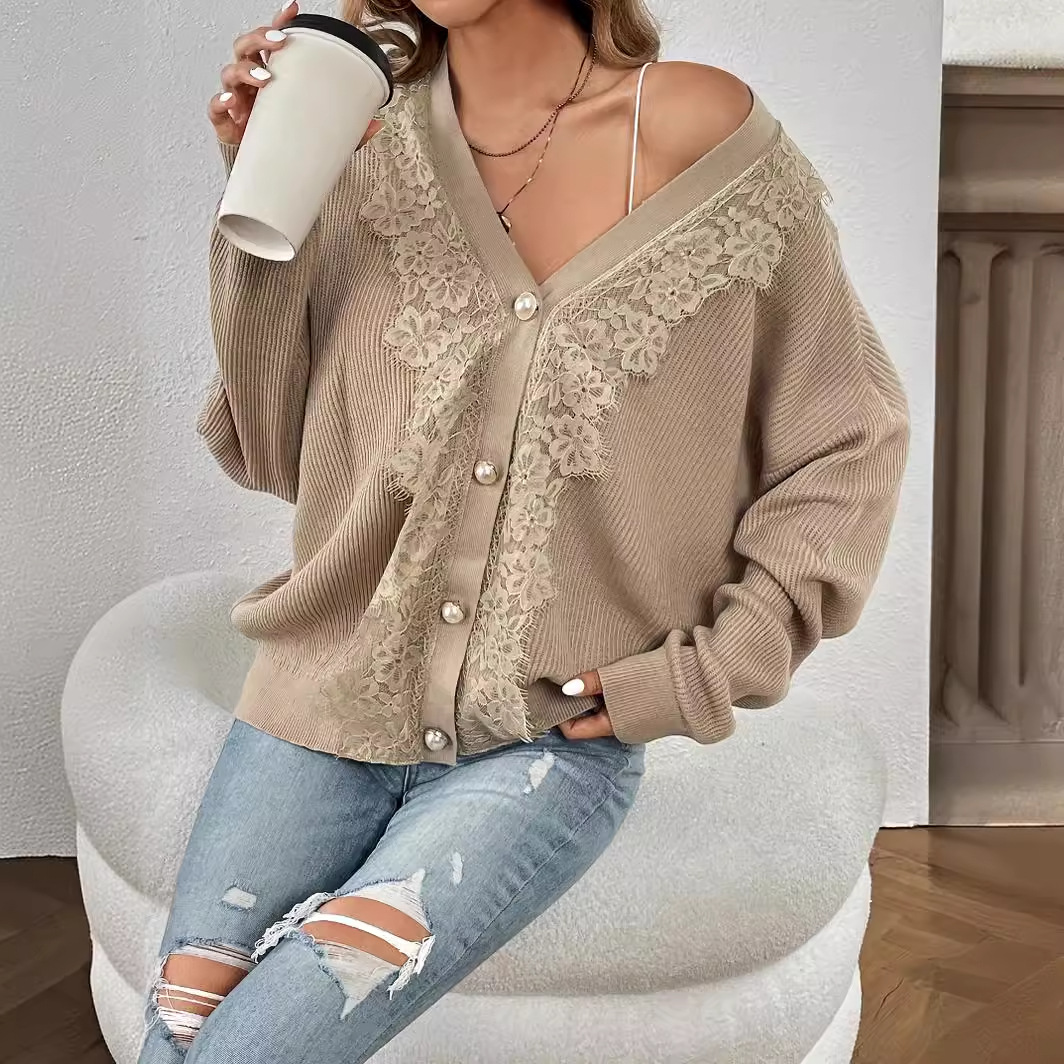 Sexy Knit Cardigan Set – Chic Open-Front Acrylic Sweater With Lace Trim (Khaki, S/M/L)_voghion.com