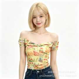 2026夏季新款纯欲风油画印花复古小衫女辣妹独特别致V领量大可谈