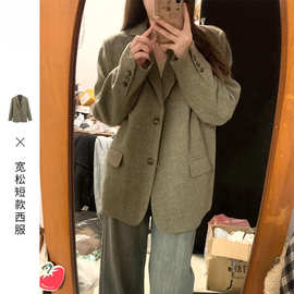 早秋日系复古毛呢子西装大衣外套2025春秋感宽松短款西服上衣