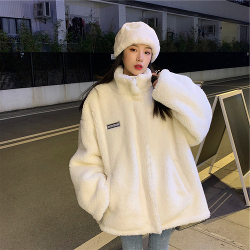 2023 Autumn and Winter New Korean Style Imitation Lamb Plush Jacket Loose Slim Coat Women Thickened Sweatshirt Jacket Women